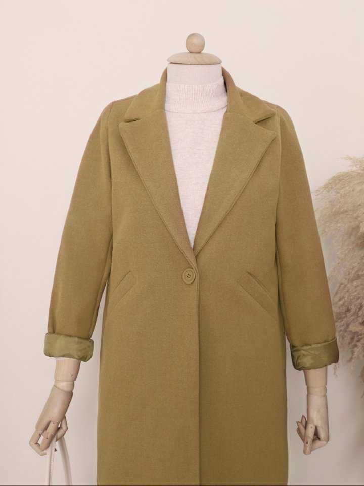 Tek Düğmeli Astarlı Kışlık Kaşe Kaban -Hardal