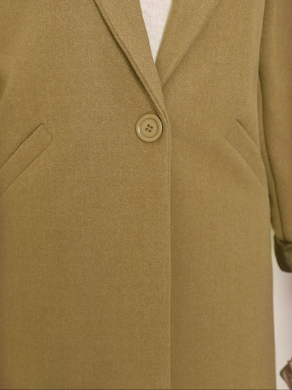 Tek Düğmeli Astarlı Kışlık Kaşe Kaban -Hardal