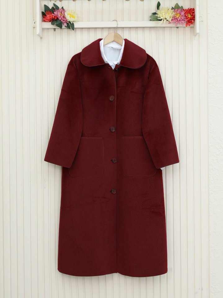 Boydan Düğmeli Cepli Kaban  -Bordo