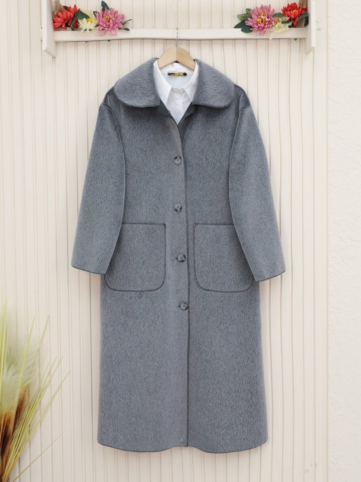 Boydan Düğmeli Cepli Kaban -Füme