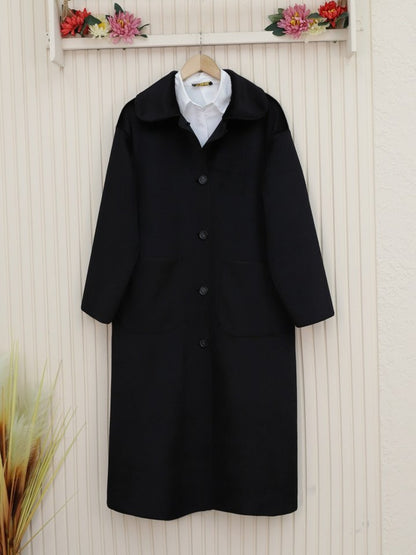 Boydan Düğmeli Cepli Kaban -Siyah