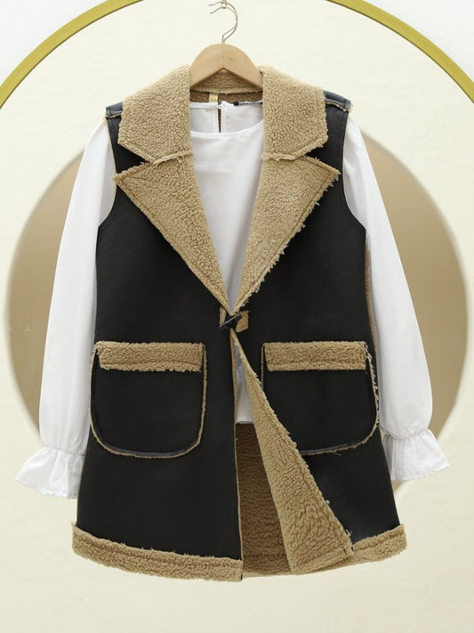 İçi Kuzu Peluş Çift Cepli Yelek  -Vizon