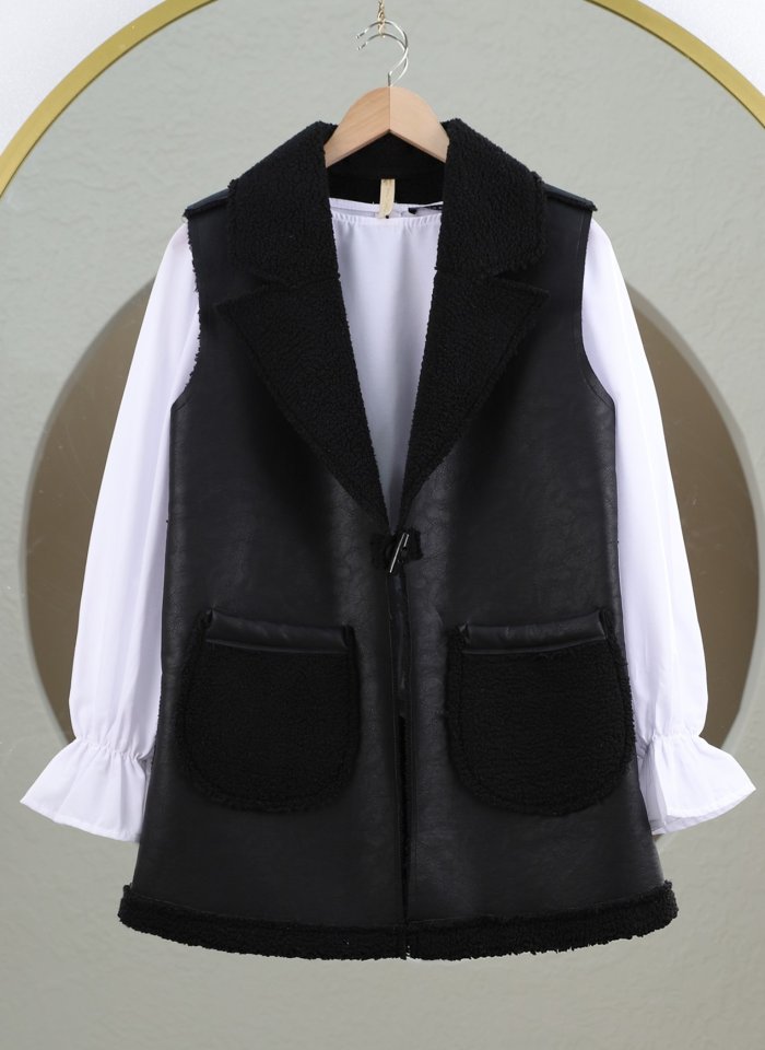 İçi Kuzu Peluş Çift Cepli Yelek -Siyah