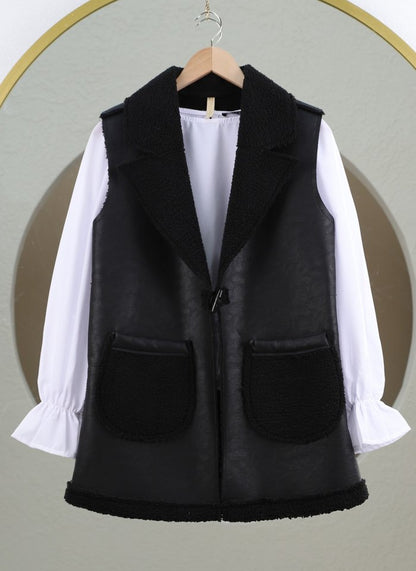 İçi Kuzu Peluş Çift Cepli Yelek -Siyah