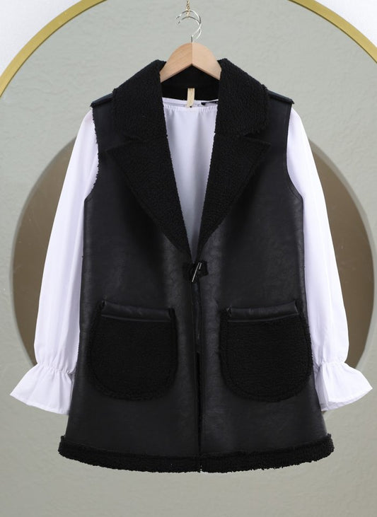 İçi Kuzu Peluş Çift Cepli Yelek -Siyah