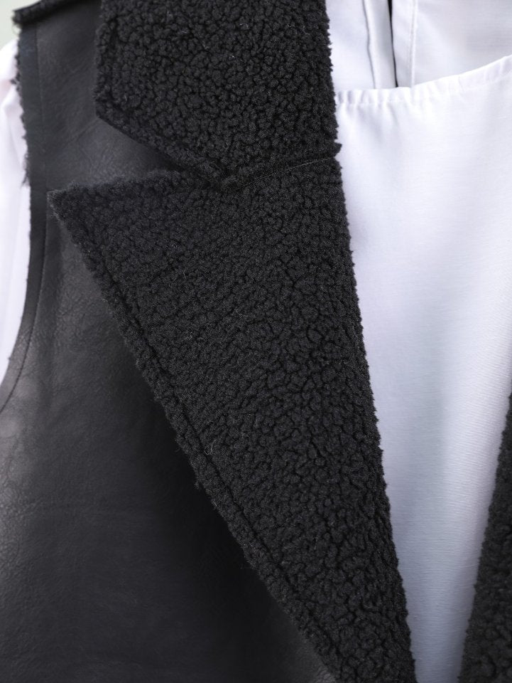 İçi Kuzu Peluş Çift Cepli Yelek -Siyah