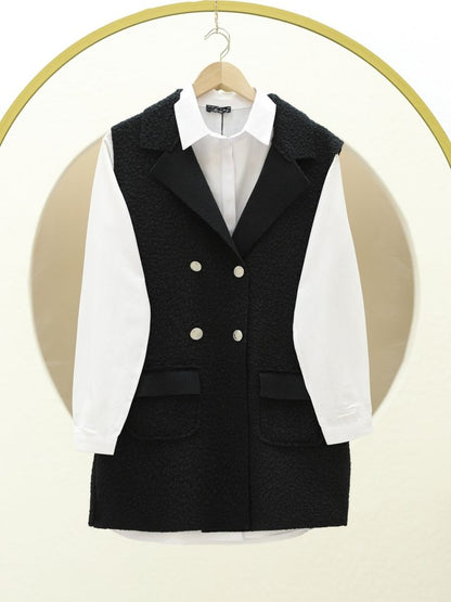 Düğmeli Çift Cepli Buklet Yelek -Siyah
