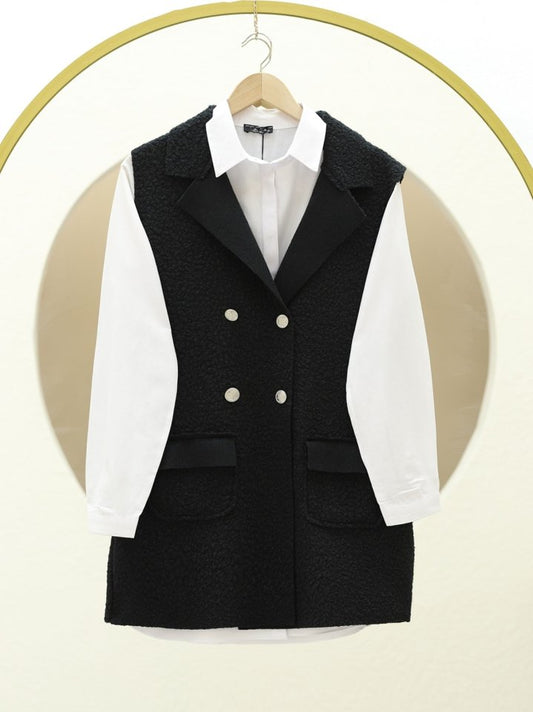 Düğmeli Çift Cepli Buklet Yelek -Siyah