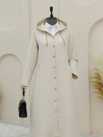 Yakası Zincir Detaylı Uzun Kapitone Kaban -Taş