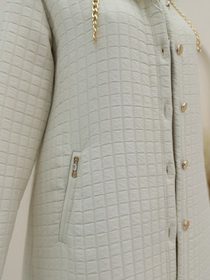 Yakası Zincir Detaylı Uzun Kapitone Kaban -Taş