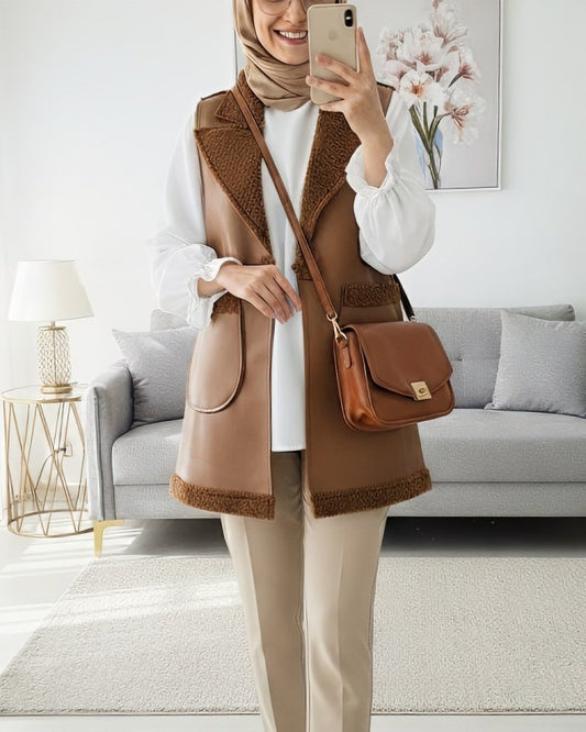 İçi Kuzu Peluş Çift Cepli Yelek   -Taba