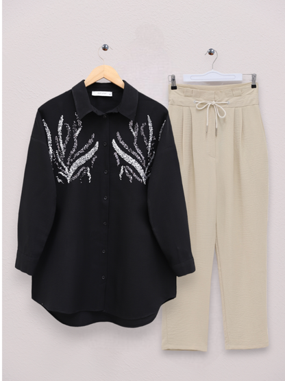 Önü Pul Payetli Uzun Gömlek -Siyah