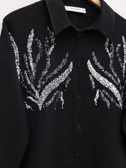 Önü Pul Payetli Uzun Gömlek -Siyah