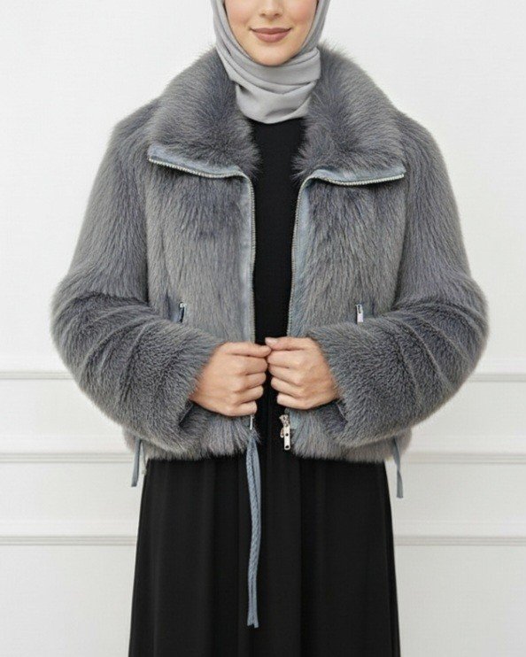 Deri Garnili İçi Astarlı Fermuarlı İp Detaylı Kürk Mont -Füme