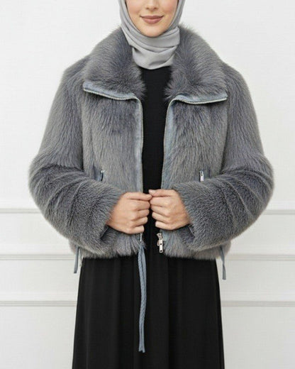 Deri Garnili İçi Astarlı Fermuarlı İp Detaylı Kürk Mont -Füme