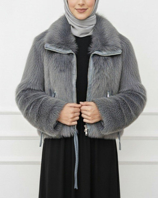 Deri Garnili İçi Astarlı Fermuarlı İp Detaylı Kürk Mont -Füme