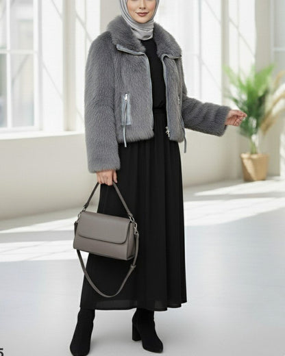 Deri Garnili İçi Astarlı Fermuarlı İp Detaylı Kürk Mont -Füme