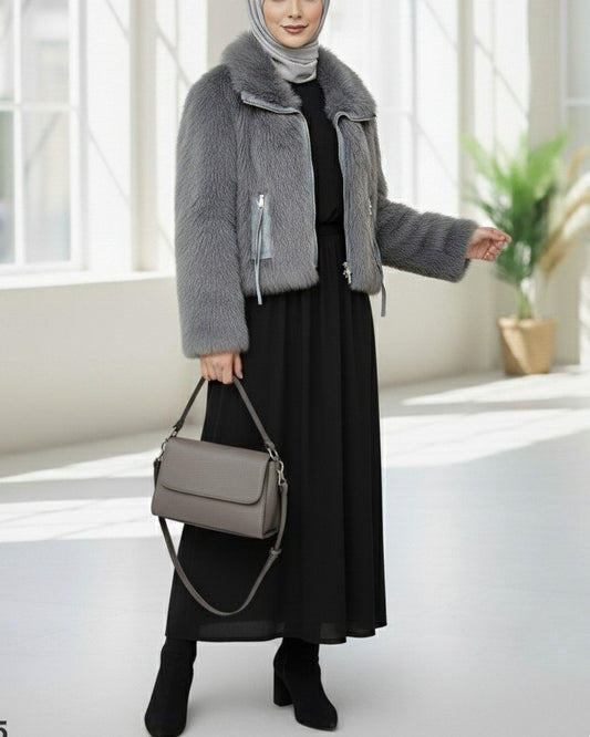 Deri Garnili İçi Astarlı Fermuarlı İp Detaylı Kürk Mont -Füme