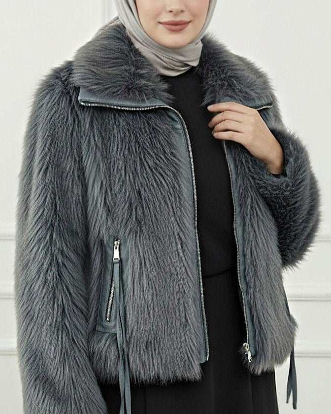 Deri Garnili İçi Astarlı Fermuarlı İp Detaylı Kürk Mont -Füme