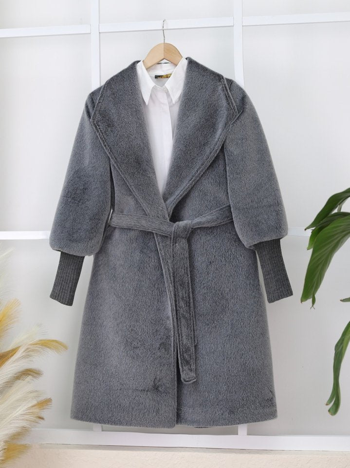 Kolu Ribanalı Şal Yaka Astarlı Kaşe Kaban -Füme