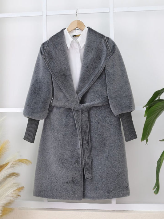 Kolu Ribanalı Şal Yaka Astarlı Kaşe Kaban -Füme