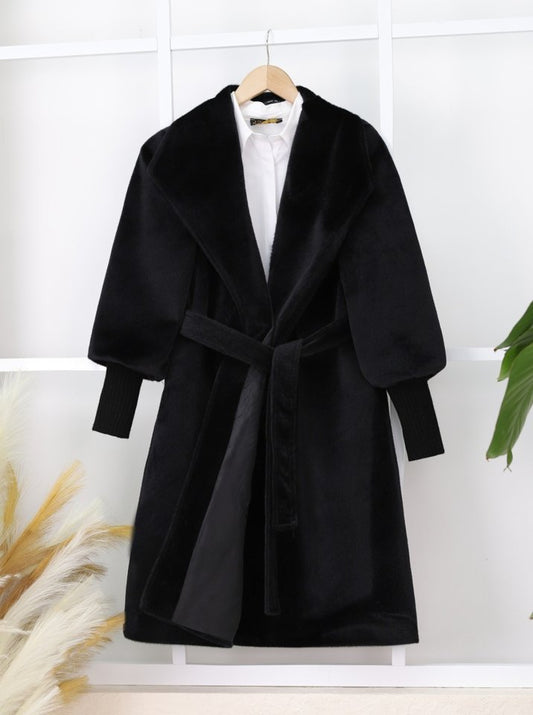 Kolu Ribanalı Şal Yaka Astarlı Kaşe Kaban -Siyah