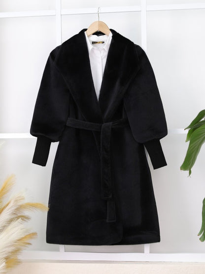 Kolu Ribanalı Şal Yaka Astarlı Kaşe Kaban -Siyah