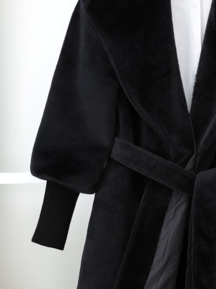 Kolu Ribanalı Şal Yaka Astarlı Kaşe Kaban -Siyah