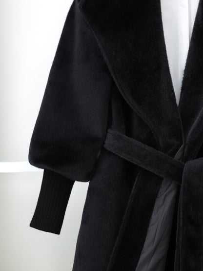 Kolu Ribanalı Şal Yaka Astarlı Kaşe Kaban -Siyah