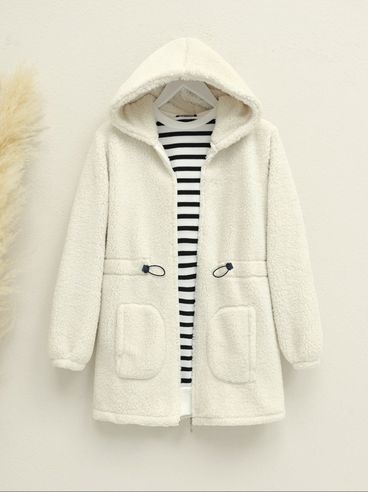 Beli Lastikli Kapşonlu Fermuarlı Peluş Mont -Ekru