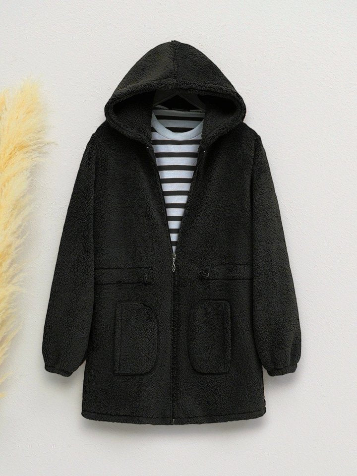 Beli Lastikli Kapşonlu Fermuarlı Peluş Mont -Siyah