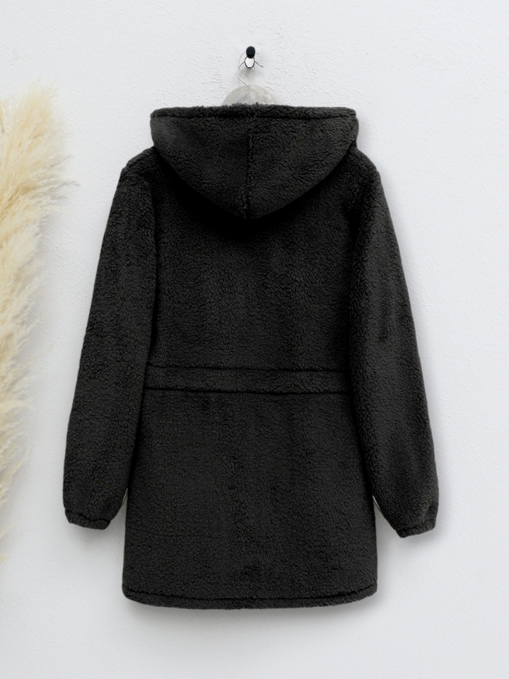 Beli Lastikli Kapşonlu Fermuarlı Peluş Mont -Siyah