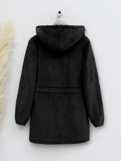 Beli Lastikli Kapşonlu Fermuarlı Peluş Mont -Siyah