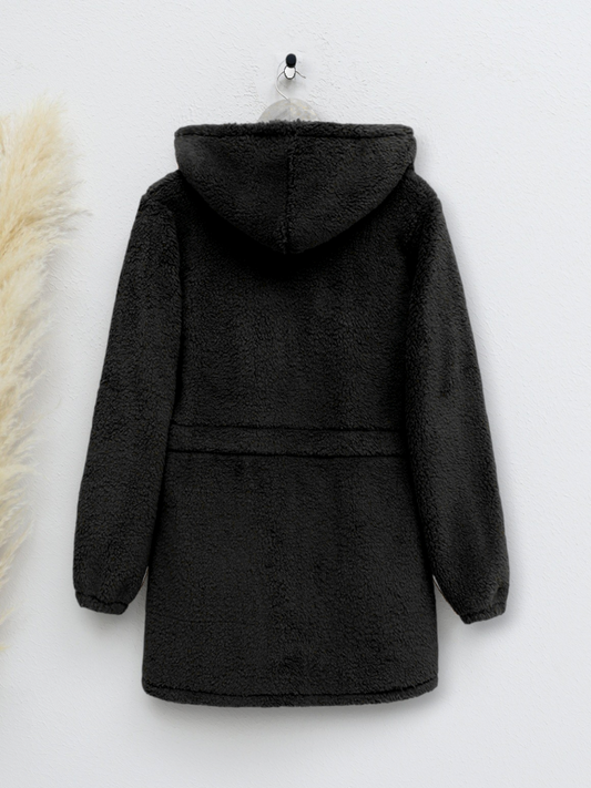Beli Lastikli Kapşonlu Fermuarlı Peluş Mont -Siyah