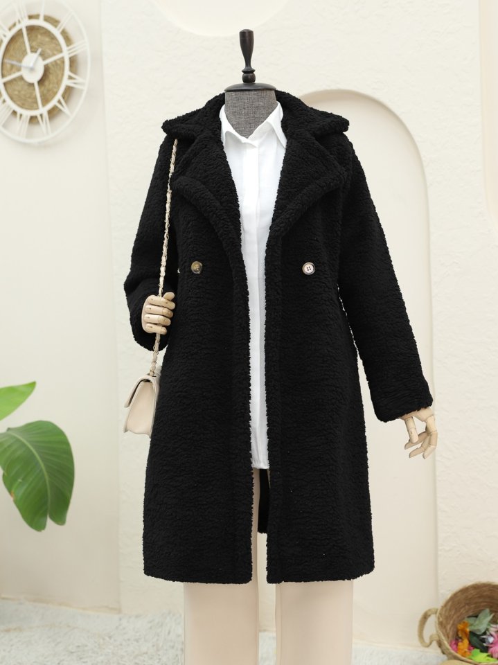 Çift Düğmeli Astarlı Yan Cepli Peluş Kaban -Siyah