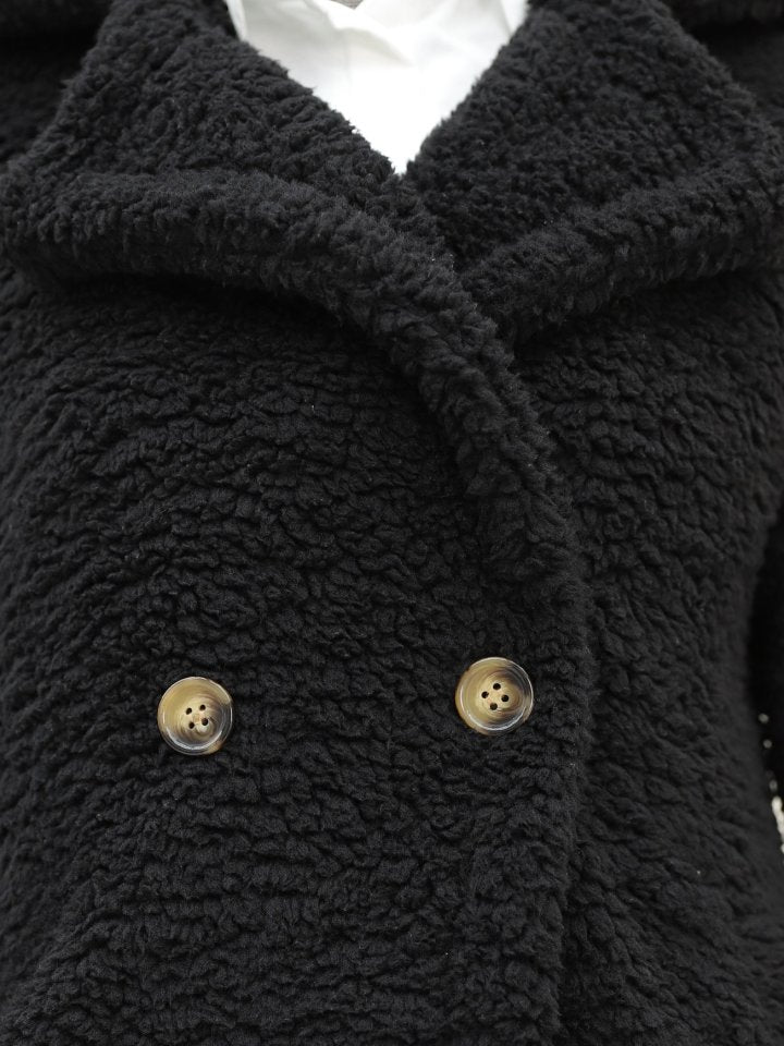 Çift Düğmeli Astarlı Yan Cepli Peluş Kaban -Siyah