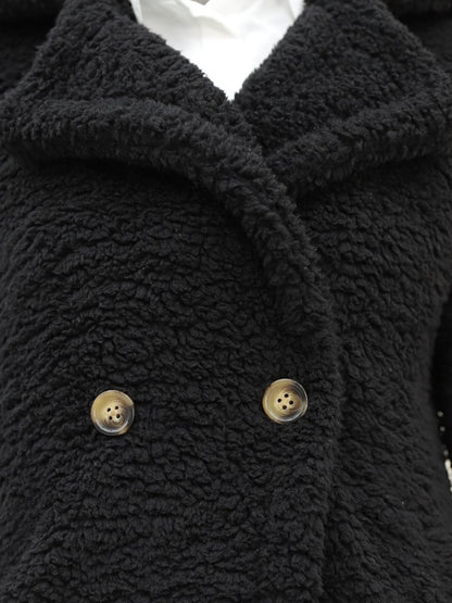 Çift Düğmeli Astarlı Yan Cepli Peluş Kaban -Siyah