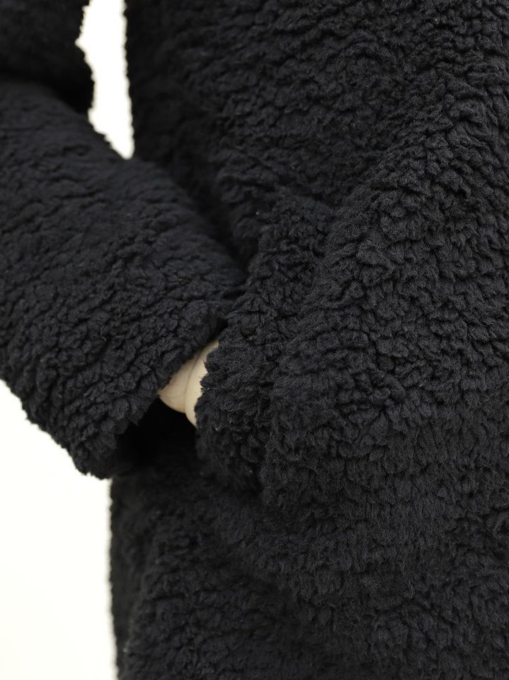 Çift Düğmeli Astarlı Yan Cepli Peluş Kaban -Siyah