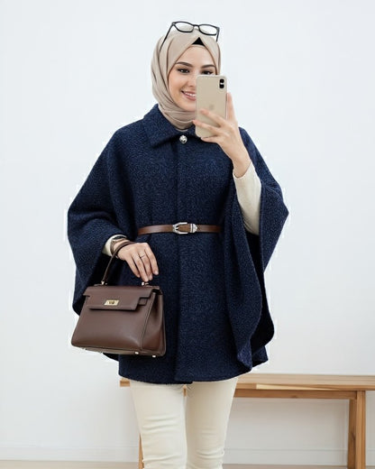 Tek Düğmeli  Beli Kemerli  Sakallı Panço  -Laci