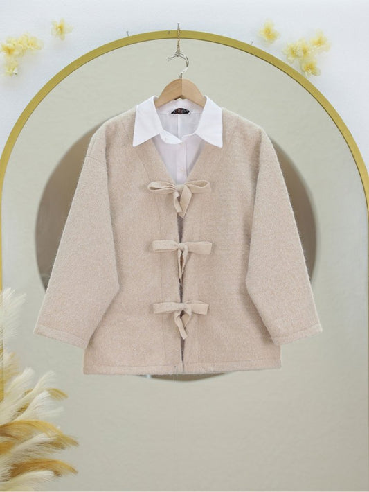 Önü Bağlamalı Kırçıllı Kaşe Ceket -Bej