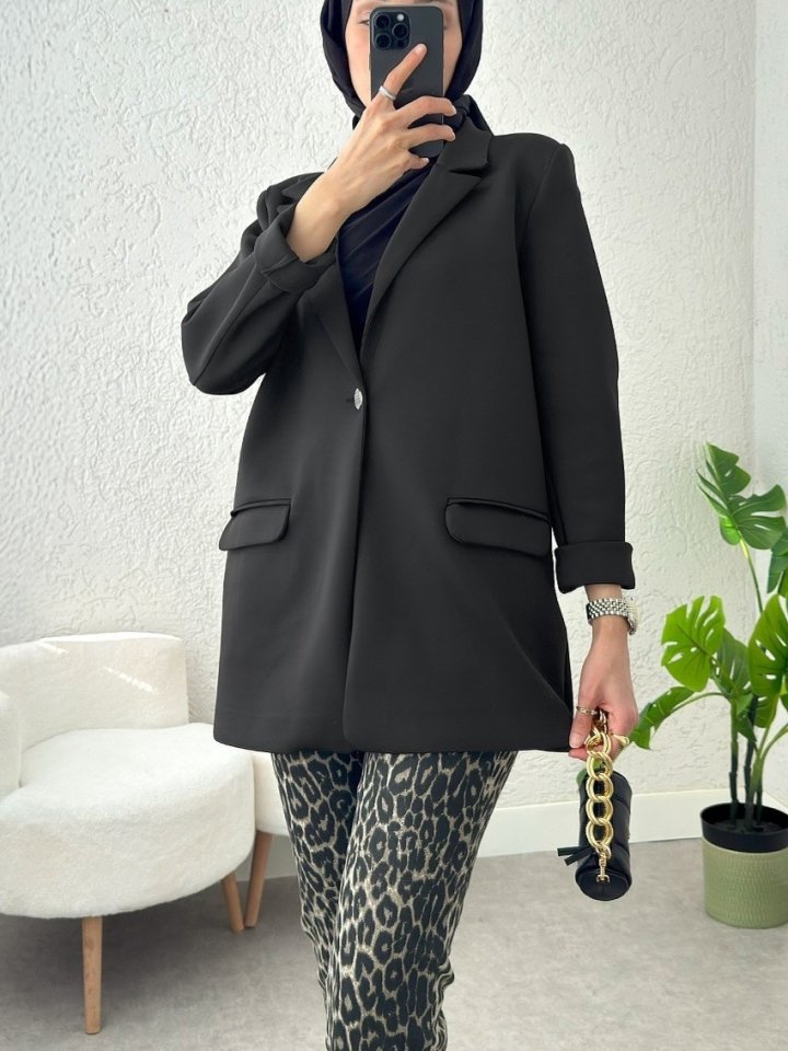 Cepli Tek Düğmeli Likralı Ceket -Siyah