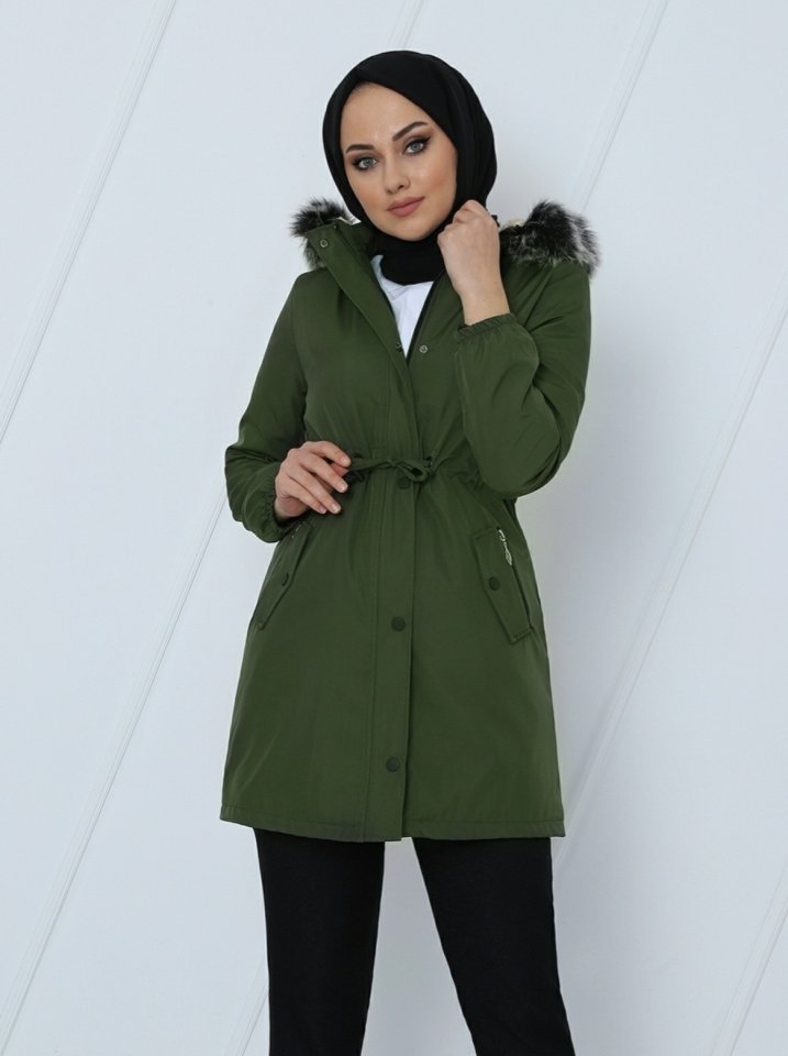 Çıkma Kapşonlu Kolu Lastikli Cepli Kısa Kaban -Haki