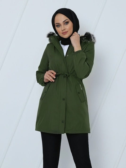 Çıkma Kapşonlu Kolu Lastikli Cepli Kısa Kaban -Haki