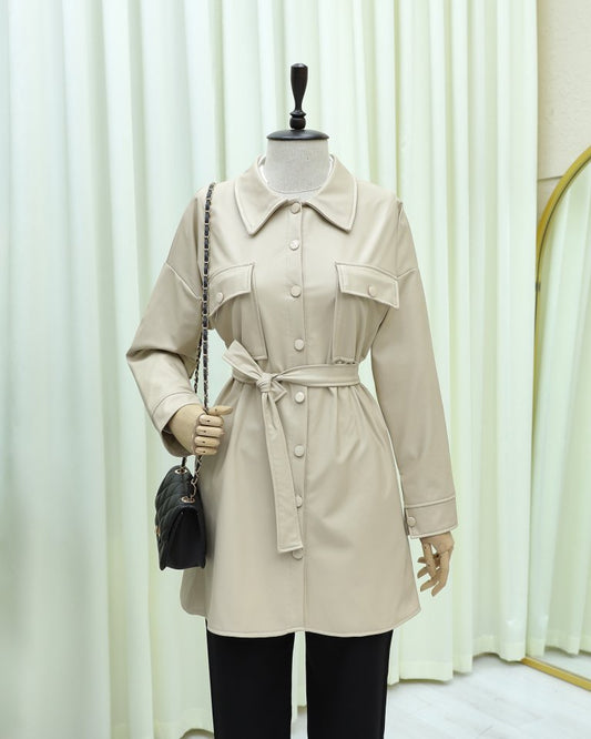 Beli Bağlamalı Çift Cepli Deri Gömlek  -Krem