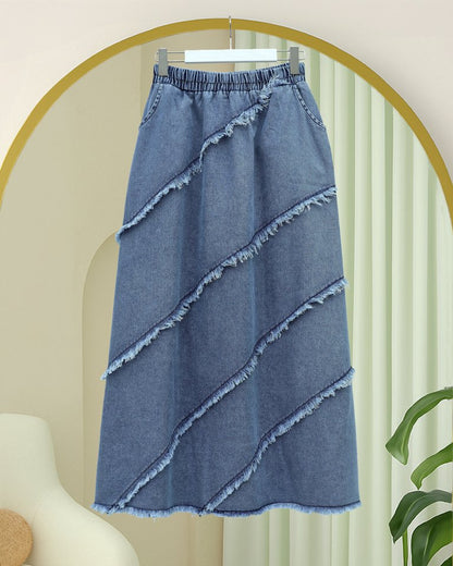 Püskül Detaylı Beli Lastikli Kot Etek  -Mavi