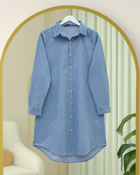 Ahşap Düğmeli Uzun Kot Tunik  -Açık Mavi