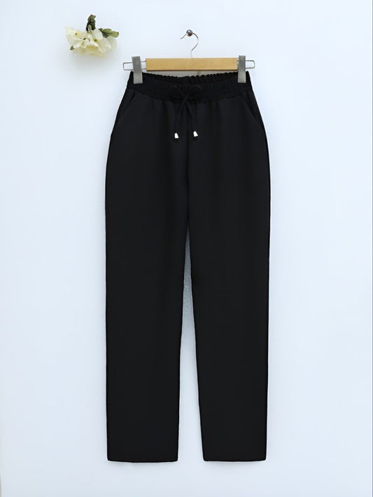 Beli Bağcıklı Dar Paça Pantolon -Siyah