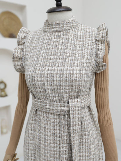 Kolları Fırfırlı Kemerli Tuvit Jile  -Vizon