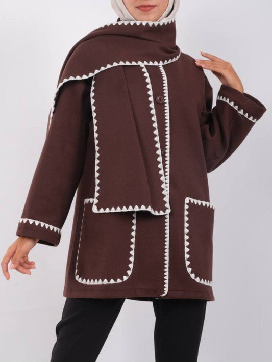Önü Düğmeli Atkılı Cepli Ceket -Kahve