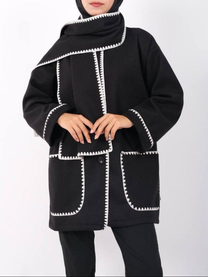 Önü Düğmeli Atkılı Cepli Ceket -Siyah